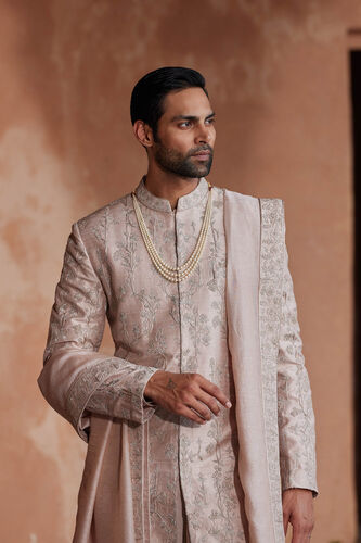 Ahmar Hand-embroidered Silk Sherwani - Salmon, Salmon, image 3